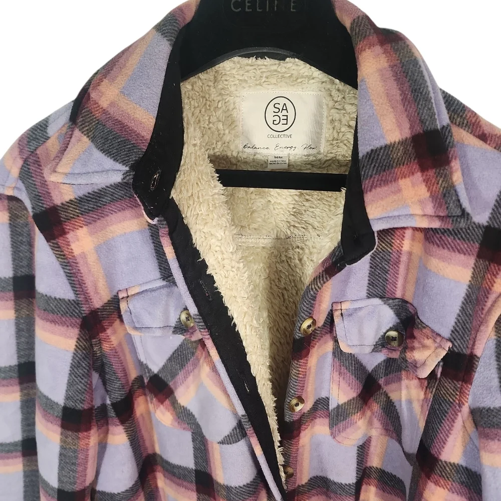 Sage Ladie's Plush Plaid Shirt Jacket In Purple. M - Picture 6 of 14